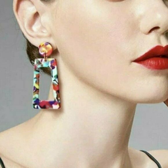 New Boutique Rainbow Multicolor Retro Style Geo Statement Pair Of Earrings Boho‎ - Picture 2 of 4